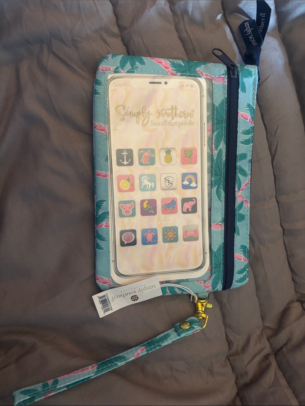 Simply Southern Teal Flamingo Palm Phone Wristlet
